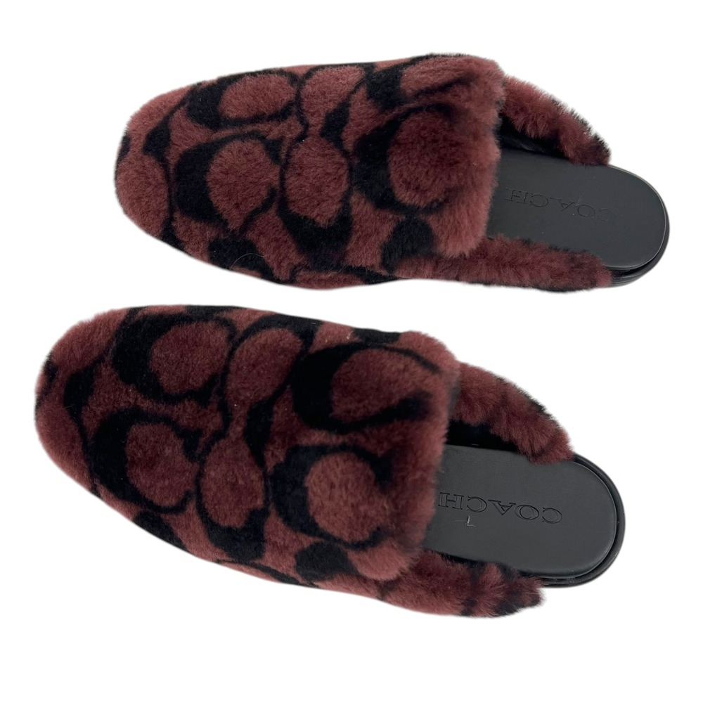 Coach Signature Faux Fur Mules Wine Black Monogram Shearling Slides Womens 8B
